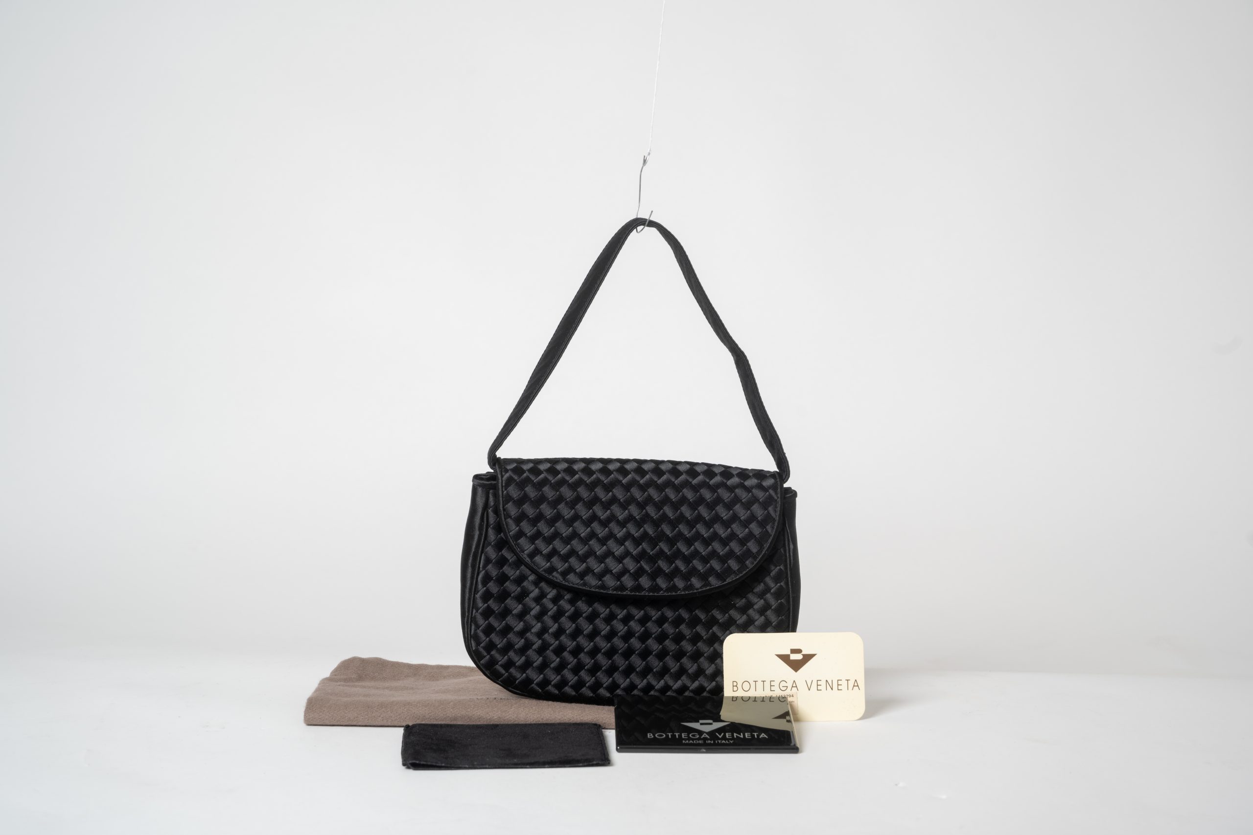 PRV-BV-043-01 Bottega Veneta Vintage Intrecciato Satin/Silk Evening Shoulder Bag · Black