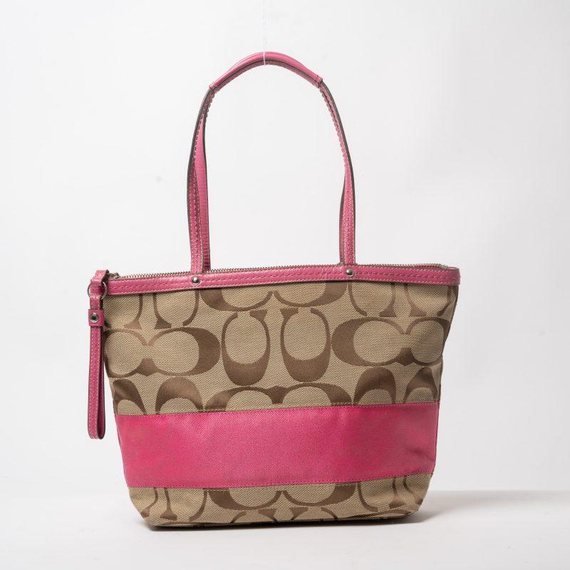 Coach Signature Stripe Tote 10124 · Khaki/Pink