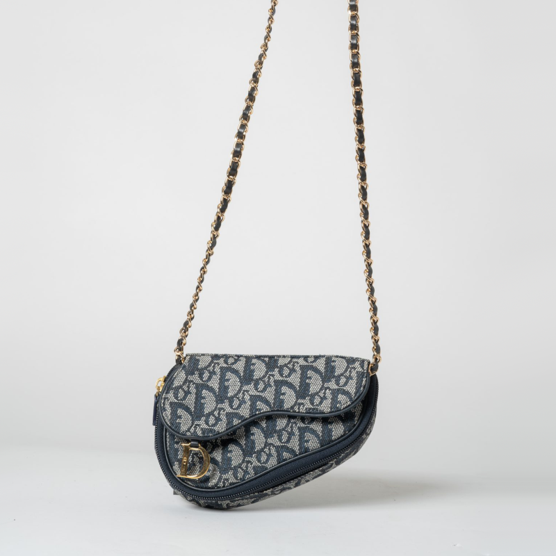 Dior Nano Saddle Chain Pouch · Blue Dior Oblique